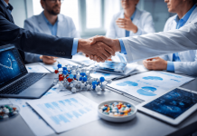 Beyond Campaigns: Why Strategic Partnerships Are Becoming Pharma Marketing’s Competitive Advantage Pharmaceutical and technology professionals shaking hands over data charts and molecular models, representing strategic collaboration in pharma marketing