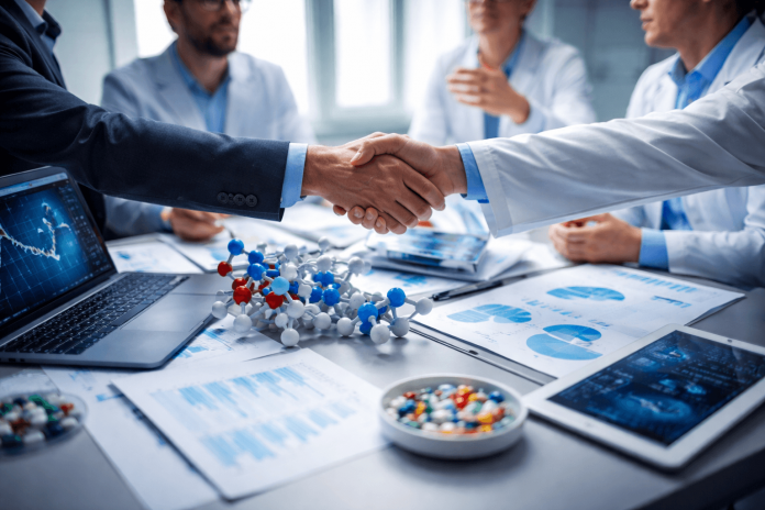 Pharmaceutical and technology professionals shaking hands over data charts and molecular models, representing strategic collaboration in pharma marketing