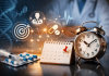 From Targeting to Timing: The Overlooked Variable in Pharma Marketing Performance Pharmaceutical marketing concept showing pills, syringe, calendar, and clock representing timing and targeting strategy