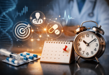 From Targeting to Timing: The Overlooked Variable in Pharma Marketing Performance Pharmaceutical marketing concept showing pills, syringe, calendar, and clock representing timing and targeting strategy