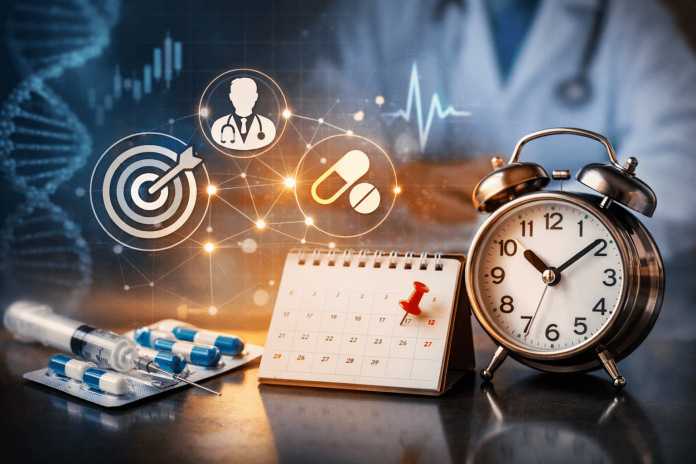 Pharmaceutical marketing concept showing pills, syringe, calendar, and clock representing timing and targeting strategy