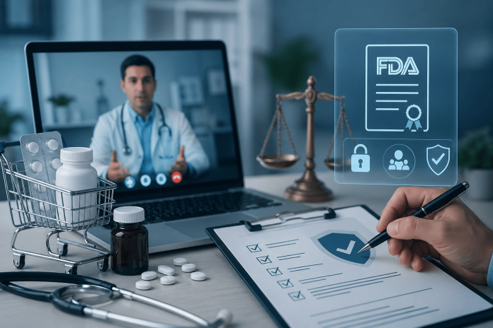 Doctor consulting a patient via telehealth with compliance checklist and FDA regulation icons in a modern healthcare setting