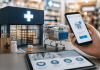 Retail Platforms Are Becoming the Front Door to Care: How Pharma Marketing Must Adapt Patient using a mobile app to order medication alongside a modern retail pharmacy setup with digital healthcare interface