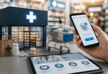 Retail Platforms Are Becoming the Front Door to Care: How Pharma Marketing Must Adapt Patient using a mobile app to order medication alongside a modern retail pharmacy setup with digital healthcare interface