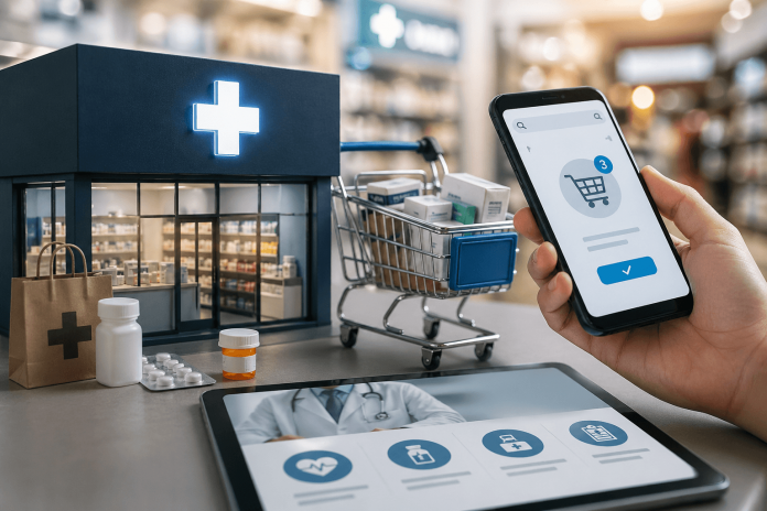 Patient using a mobile app to order medication alongside a modern retail pharmacy setup with digital healthcare interface