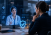 AI-Generated Medical Voices: A New Compliance Risk for Pharma Marketers Pharma marketer reviewing AI-generated doctor on a digital screen with compliance and security icons