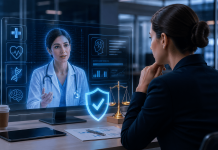 AI-Generated Medical Voices: A New Compliance Risk for Pharma Marketers Pharma marketer reviewing AI-generated doctor on a digital screen with compliance and security icons