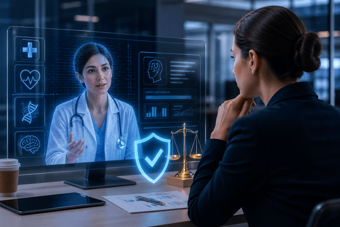 Pharma marketer reviewing AI-generated doctor on a digital screen with compliance and security icons