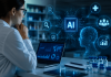 Marketing for Machines: How AI Gatekeepers Are Reshaping Pharma Content Visibility Pharmaceutical researcher analyzing AI-driven healthcare content optimization and digital credibility signals in a futuristic medical lab