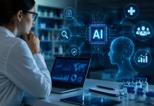 Marketing for Machines: How AI Gatekeepers Are Reshaping Pharma Content Visibility Pharmaceutical researcher analyzing AI-driven healthcare content optimization and digital credibility signals in a futuristic medical lab