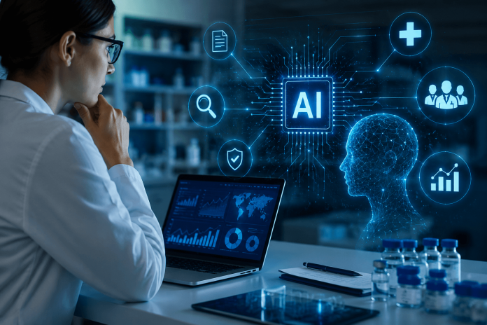 Pharmaceutical researcher analyzing AI-driven healthcare content optimization and digital credibility signals in a futuristic medical lab