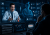 The Rise of the “Shadow AI Doctor”: Pharma’s New Reputation Threat Futuristic healthcare scene showing a real doctor beside an AI-generated medical avatar representing synthetic healthcare influencers and pharma compliance risks