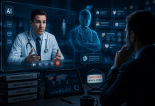 The Rise of the “Shadow AI Doctor”: Pharma’s New Reputation Threat Futuristic healthcare scene showing a real doctor beside an AI-generated medical avatar representing synthetic healthcare influencers and pharma compliance risks