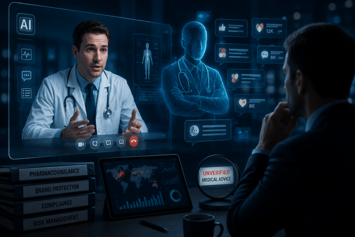 ai-healthcare-marketing-compliance-shadow-ai-doctors Futuristic healthcare scene showing a real doctor beside an AI-generated medical avatar representing synthetic healthcare influencers and pharma compliance risks