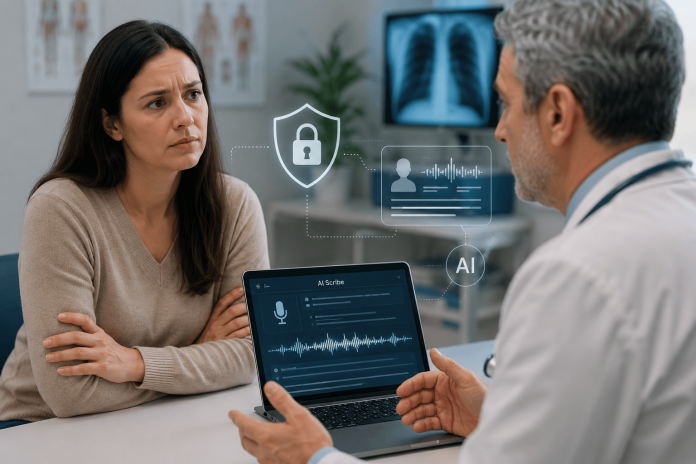 ai-healthcare-trust-strategy-patient-backlash Doctor discussing AI medical scribe technology with a concerned patient during a healthcare consultation