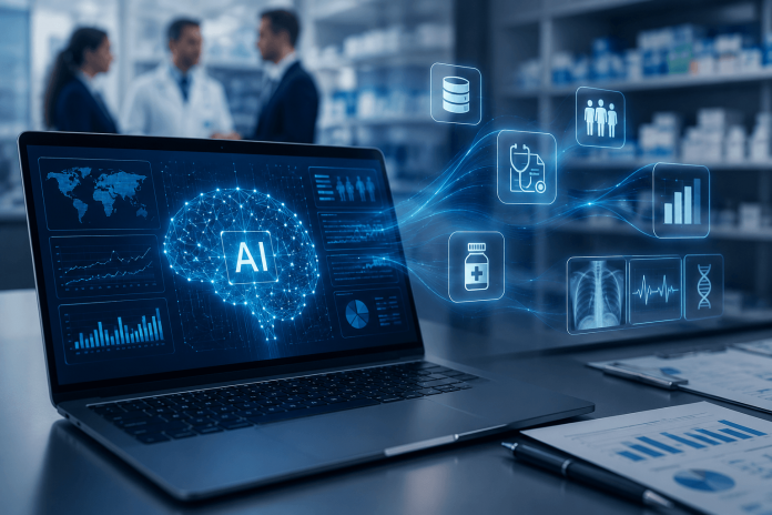 ai-real-world-evidence-marketing-pharma-strategy AI-powered healthcare analytics dashboard supporting pharma commercial strategy and real-world evidence marketing