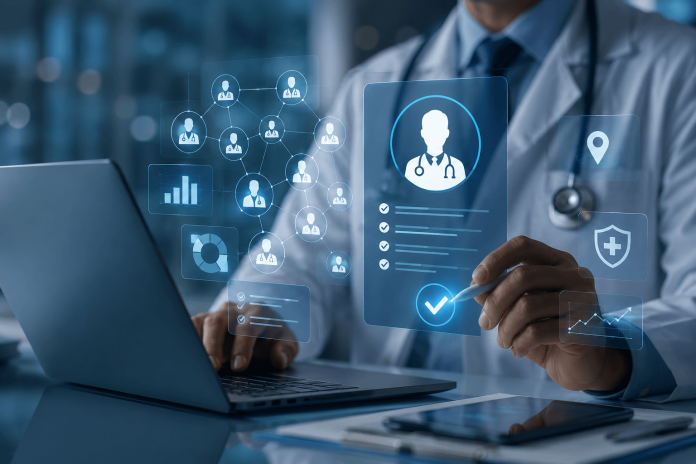 authenticated-hcp-targeting-strategy-pharma-marketing Doctor using authenticated healthcare audience targeting technology on a digital healthcare marketing platform