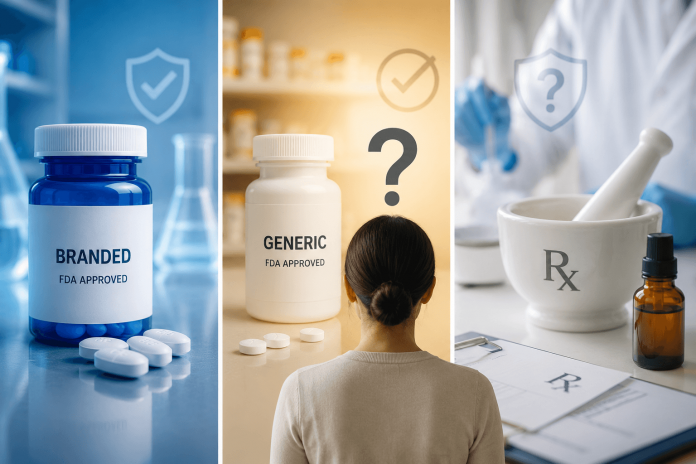 Patient comparing branded, generic, and compounded medications in a modern pharmaceutical setting representing healthcare decision-making and FDA oversight.
