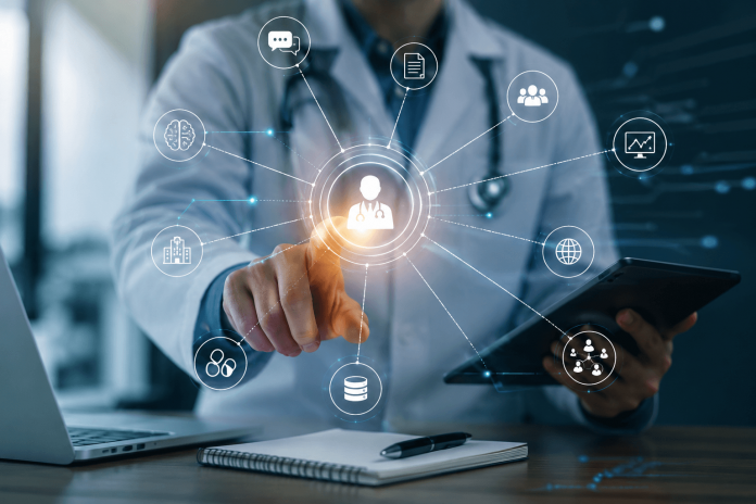 hcp-decision-journey-pharma-ai-healthcare Doctor using AI-driven healthcare technology and digital clinical decision systems in a modern medical environment