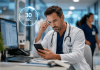 The 30-Second Attention Gap: Why Most Pharma Content Fails Inside Clinical Workflows Doctor reviewing digital healthcare content during a busy clinical workflow with a visible 30-second attention timer in a modern hospital setting.