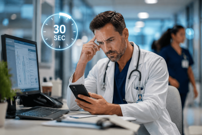 hcp-workflow-marketing-attention-gap Doctor reviewing digital healthcare content during a busy clinical workflow with a visible 30-second attention timer in a modern hospital setting.
