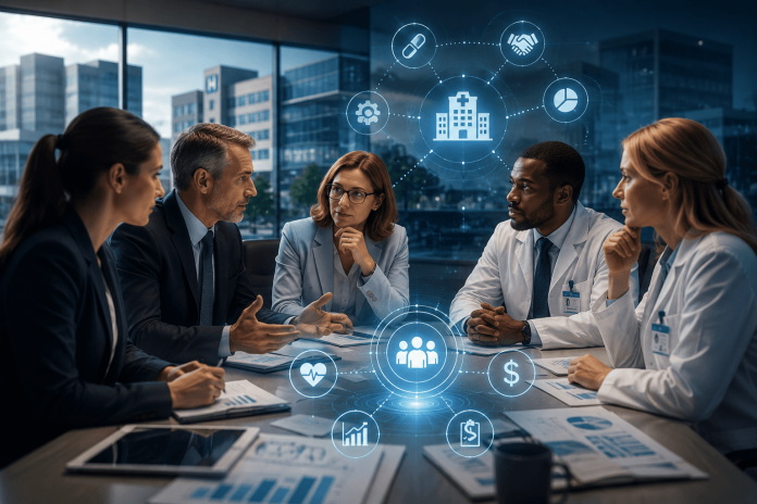 Healthcare executives and physicians discussing population health strategy and pharmaceutical partnerships in a modern hospital boardroom.