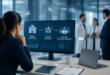 From “Target Accounts” to “Buying Motions”: The New Playbook for Healthcare ABM Healthcare marketing team analyzing buying signals and account-based marketing data inside a modern hospital strategy meeting