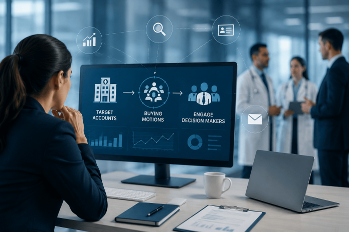 Healthcare marketing team analyzing buying signals and account-based marketing data inside a modern hospital strategy meeting