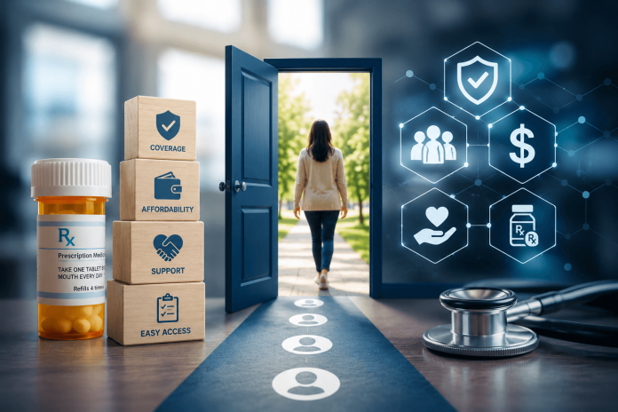 pharma-access-marketing-strategy Modern pharmaceutical access marketing concept showing affordability, coverage support, prescription access, and patient healthcare journey