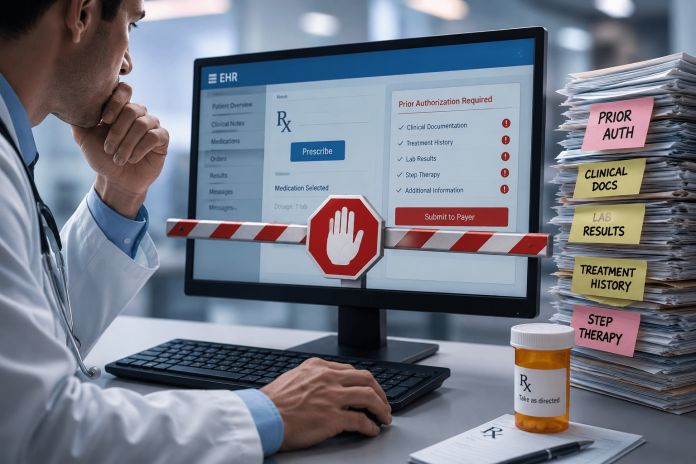 pharma-access-strategy-prescription-friction Doctor facing prior authorization barriers and prescribing friction inside an electronic health record system