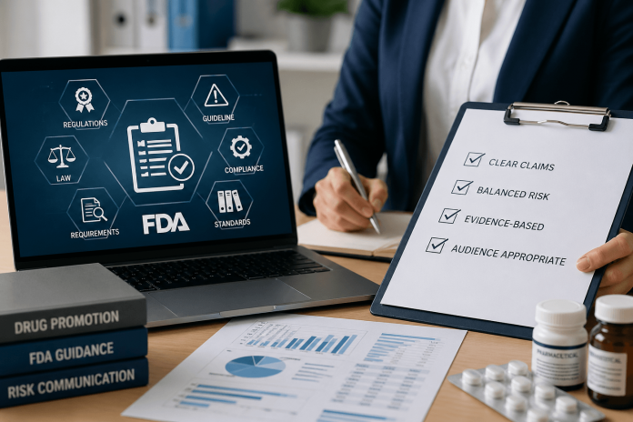 Pharma marketing professional reviewing FDA compliance checklist with digital dashboard and pharmaceutical materials