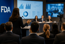 Advisory Committees as Brand Moments: Preparing for Public Scientific Scrutiny Pharmaceutical executives presenting clinical data during a high-profile FDA advisory committee meeting with media and healthcare stakeholders present.