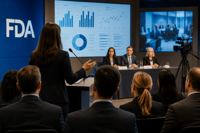 Pharmaceutical executives presenting clinical data during a high-profile FDA advisory committee meeting with media and healthcare stakeholders present.