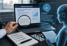 Can AI Misread Your Press Release? Why Pharma Needs an AI-Ingestion Audit AI system analyzing a pharmaceutical press release with highlighted safety information and compliance review elements in a modern healthcare communications setting