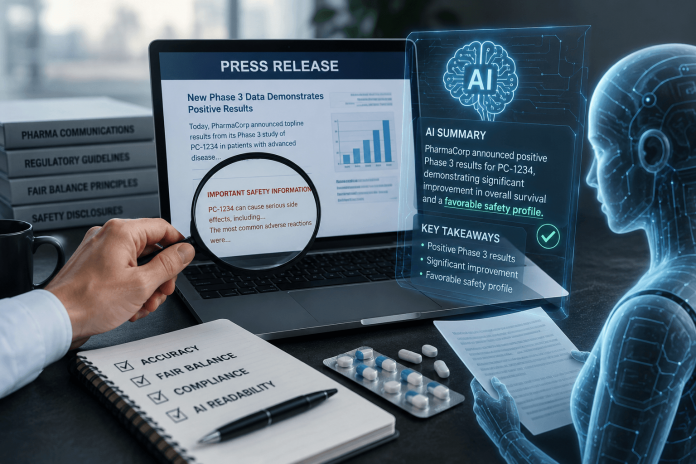 AI system analyzing a pharmaceutical press release with highlighted safety information and compliance review elements in a modern healthcare communications setting
