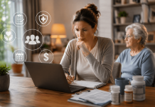 The “Shadow Patient”: Why Caregivers Are Becoming Pharma’s Most Important Audience Caregiver researching treatment options online while managing medications and care responsibilities for an elderly patient at home