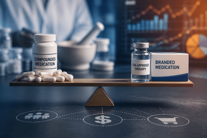 Balance scale comparing compounded medication and branded pharmaceutical drugs representing market competition
