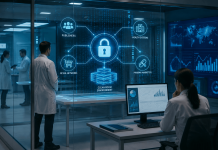 Inside the Clean Room: How Pharma Is Building Privacy-Safe Marketing Infrastructure Pharmaceutical marketers using privacy-safe clean room infrastructure to securely analyze healthcare marketing data in a high-tech laboratory environment.