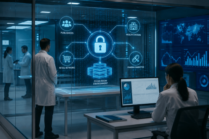 pharma-data-clean-room-infrastructure Pharmaceutical marketers using privacy-safe clean room infrastructure to securely analyze healthcare marketing data in a high-tech laboratory environment.