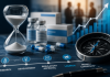 Timing Still Wins: What Competitive Drug Launches Teach Pharma Marketers About Market Entry Strategy Hourglass and compass beside pharmaceutical products symbolizing timing and direction in pharma launch strategy