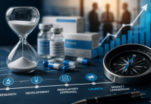 Timing Still Wins: What Competitive Drug Launches Teach Pharma Marketers About Market Entry Strategy Hourglass and compass beside pharmaceutical products symbolizing timing and direction in pharma launch strategy