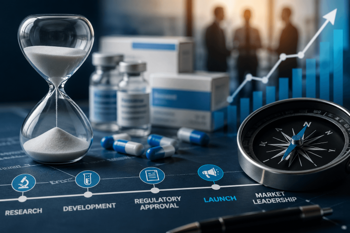 Hourglass and compass beside pharmaceutical products symbolizing timing and direction in pharma launch strategy