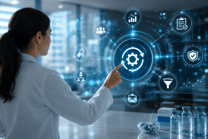pharma-marketing-operations-strategy Pharmaceutical marketing professional using AI-powered operational dashboards and digital workflow systems in a modern healthcare technology environment