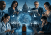Designing for the Second Audience: Why Every Pharma Campaign Is Public by Default Healthcare professionals, policymakers, media observers, and digital audiences connected around a pharmaceutical campaign in a transparent AI-driven communication environment.