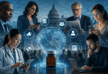 Designing for the Second Audience: Why Every Pharma Campaign Is Public by Default Healthcare professionals, policymakers, media observers, and digital audiences connected around a pharmaceutical campaign in a transparent AI-driven communication environment.