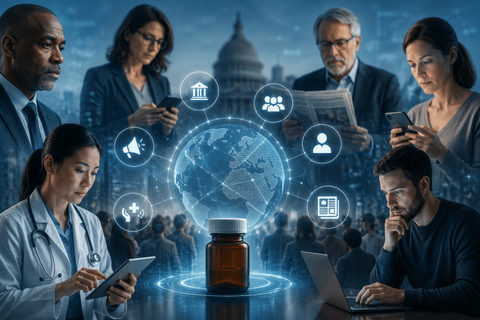 Healthcare professionals, policymakers, media observers, and digital audiences connected around a pharmaceutical campaign in a transparent AI-driven communication environment.