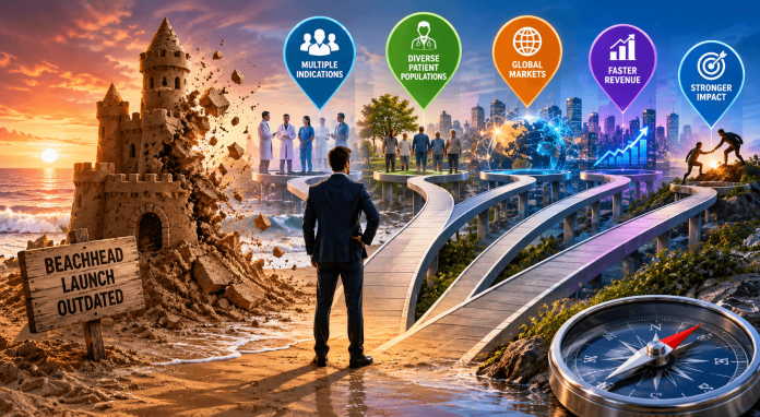 Futuristic pharmaceutical commercialization concept showing multiple parallel drug launches replacing the traditional beachhead launch model