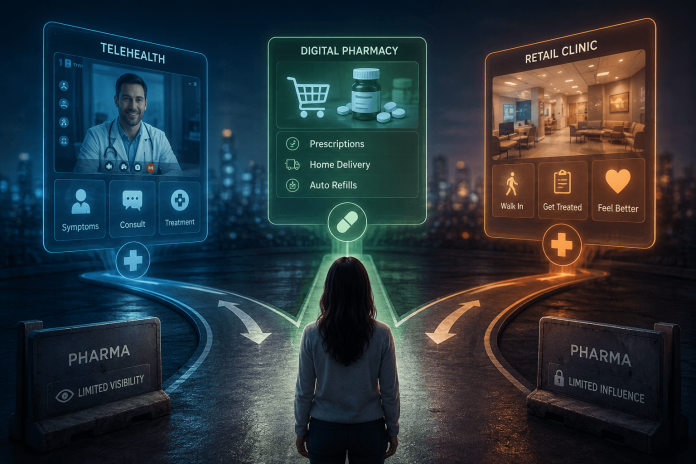Patient navigating telehealth, digital pharmacy, and retail clinic platforms as pharmaceutical brands lose control of the healthcare journey
