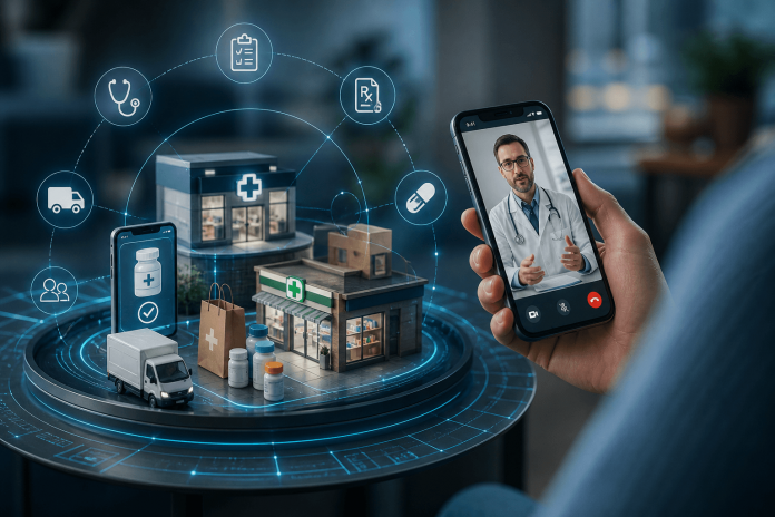 Digital healthcare ecosystem showing telehealth, online pharmacy services, and connected patient experiences across modern healthcare platforms.