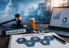 Policy Is Now a Marketing Variable: How Pharma Marketers Must Adapt to Constant Regulatory Change Pharmaceutical marketing strategy with healthcare policy binder, gavel, pill bottle, and laptop showing analytics in a modern office setting